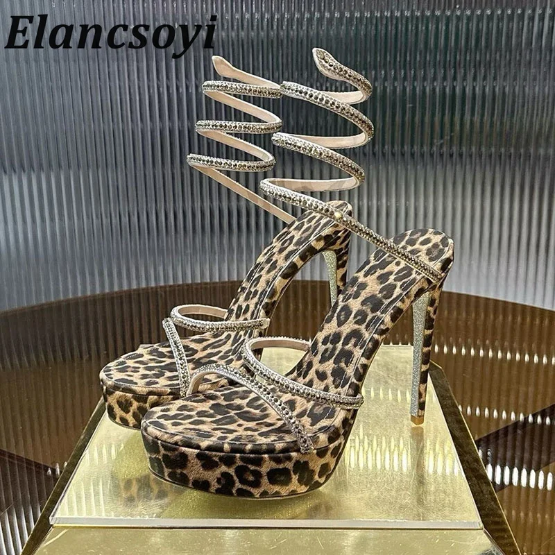 New Women's Serpentine Wrapped Waterproof Platform Sandals Summer Solid Color Shiny Water Diamond Decorative Banquet Sandals