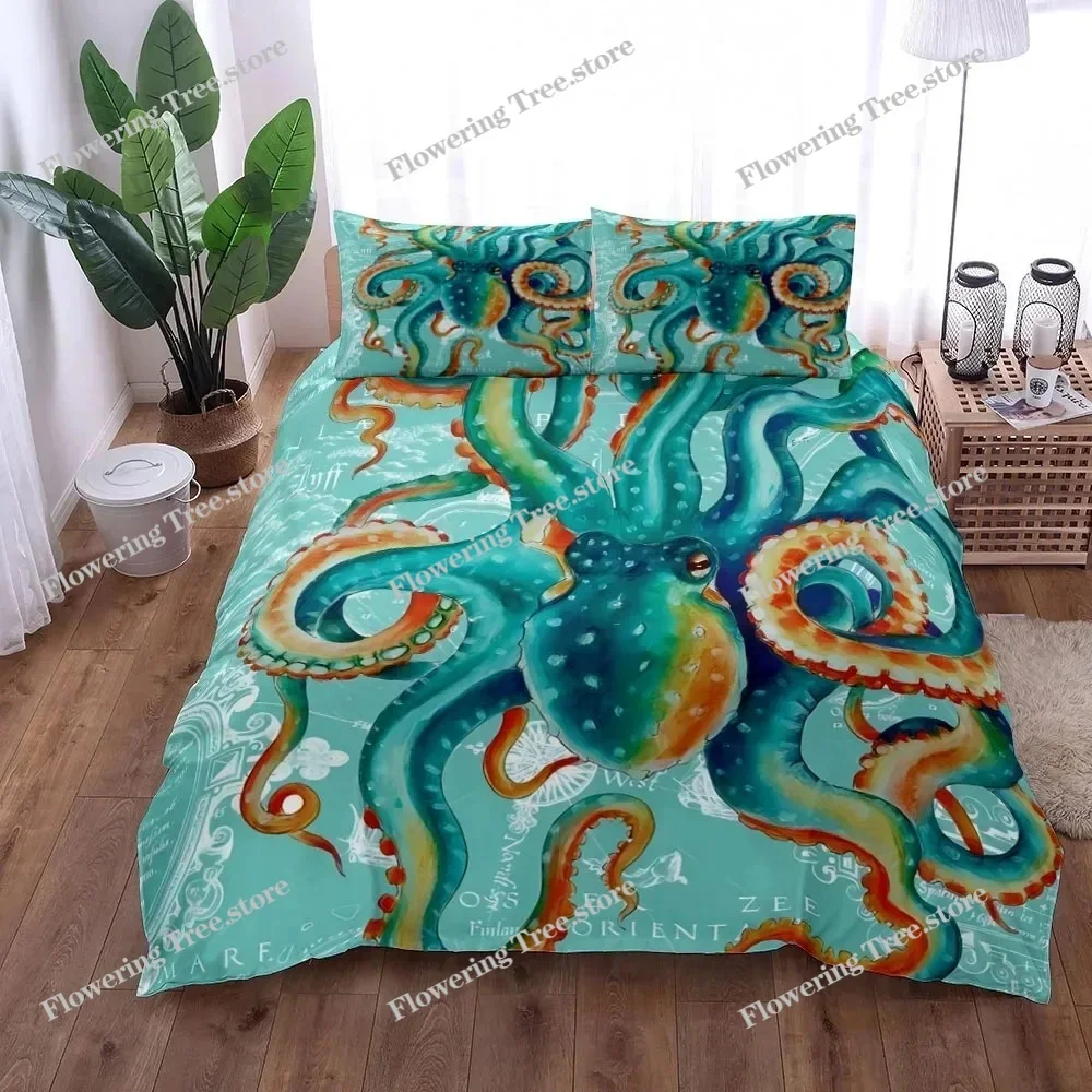 Retro Octopus Bedding Set King Queen Double Full Twin Single Size Duvet Cover Pillow Case Bed Linen Set 3