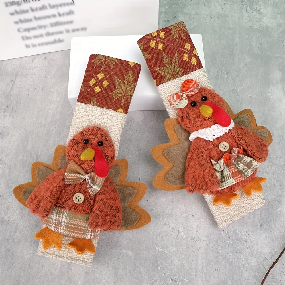 

Thanksgiving Refrigerator Glove Set Harvest Festival Fabric Turkey Refrigerator Microwave Handle Protective Cover Decoration