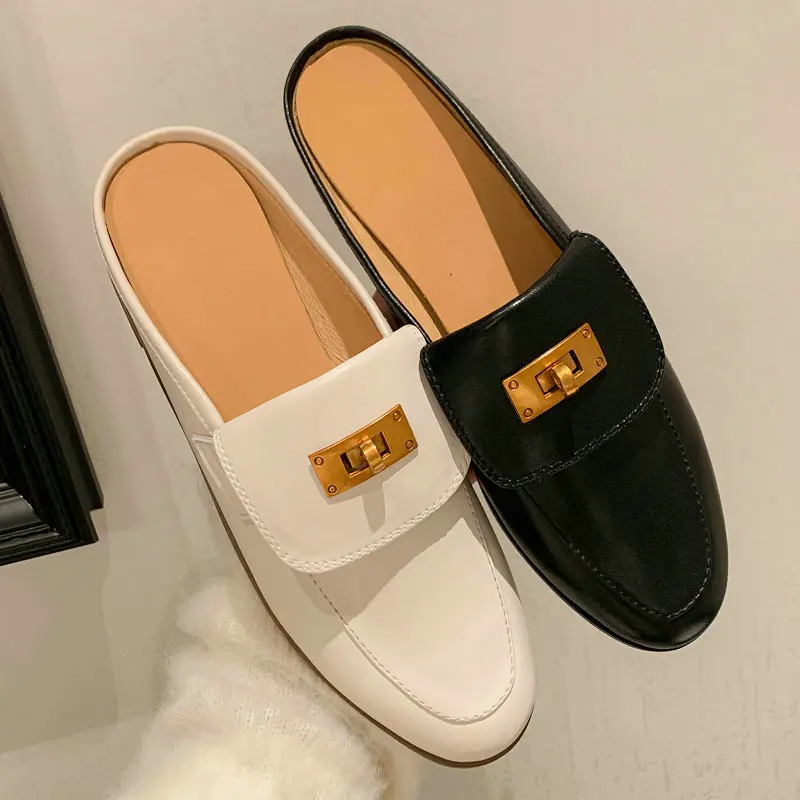 Soft Genuine Leather Closed Toe Spring Summer Woman Mules With Metal Lock Size 33-41 Slip-on Slippers Women Slides Flat Shoes