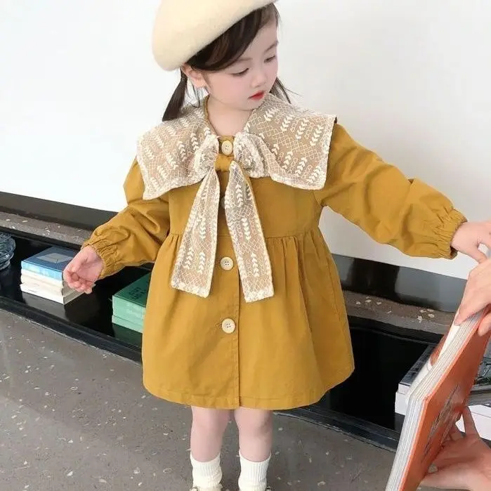 Baby Girl Doll Collar Loose Trench Coat 2023 Spring Fall New Korean Children\'s Bow Princess Dress Girls Kids Dresses for Girls