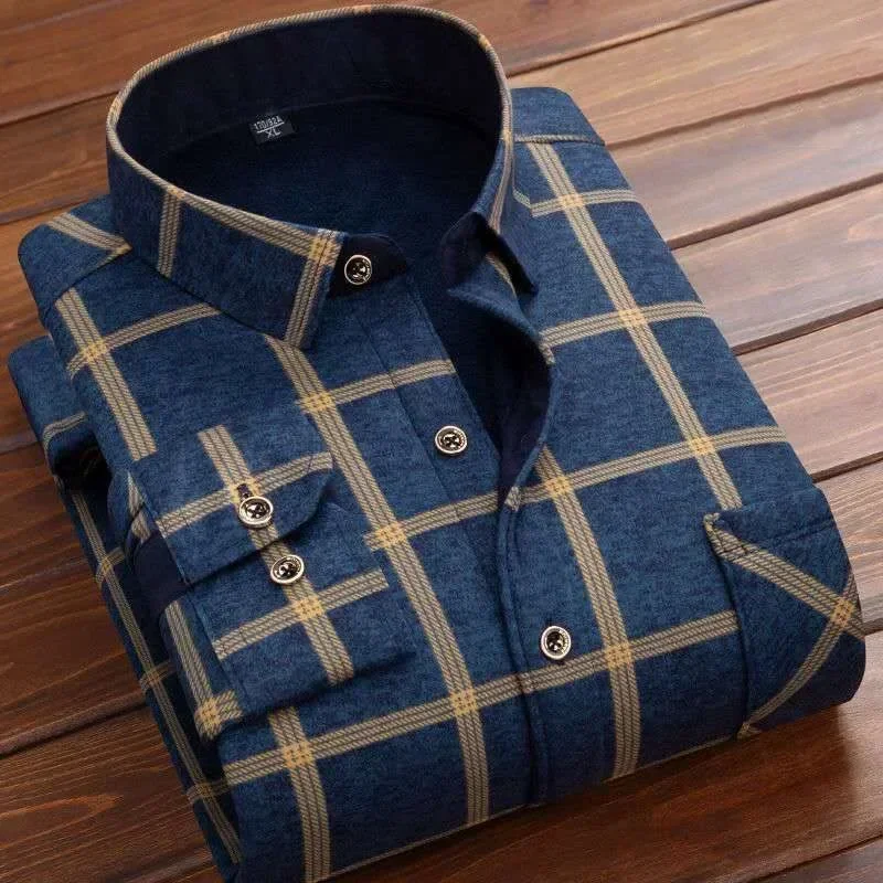 2025 Camisas a cuadros de manga larga cálidas de invierno para hombre, camisas formales gruesas con forro de piel de franela, camisa informal de lana para hombre, camisas de vestir