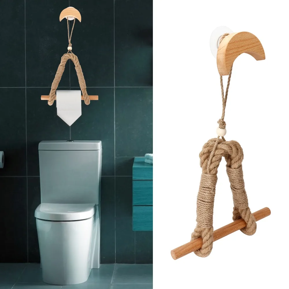 

Hemp Rope Wood Toilet Paper Holder Wall-Mounted Adjustable Tightness Paper Towel Holder Easy Installation Multifunctional