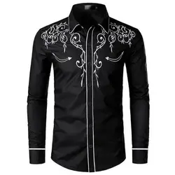 Men's Fashion Embroidered Shirt Western Cowboy Style Long Sleeve Lapel Collar Single Breasted Shirt Embroidery Casual Shirt Top