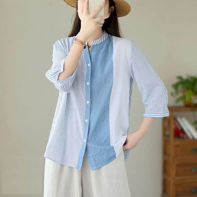 

Striped Shirts Women Literary Half Sleeve O-neck Casual Summer Loose Single Breasted Korean Style One Piece Blouse Women Tops