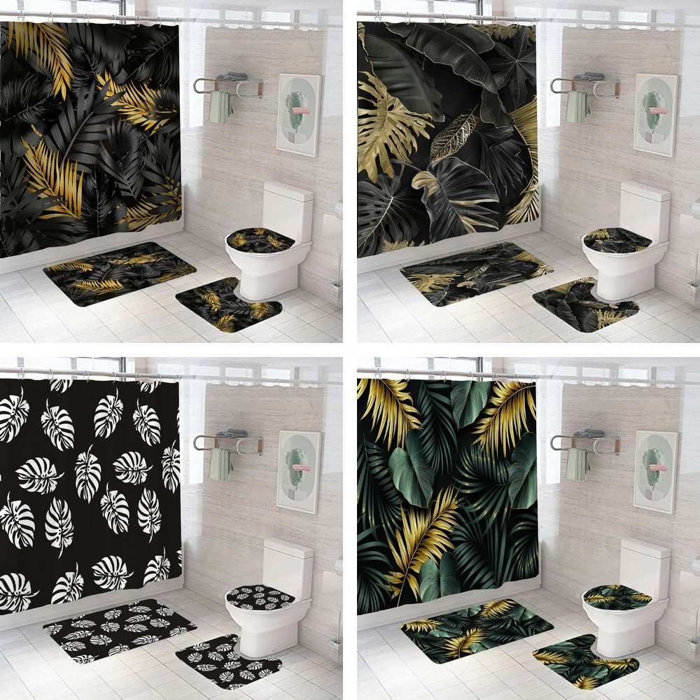 

Черное тропическое растение, пальмовые листья, занавеска для душа с принтом, занавеска для ванной комнаты, наборы противоскользящих ковриков, чехол для унитаза, домашний декор