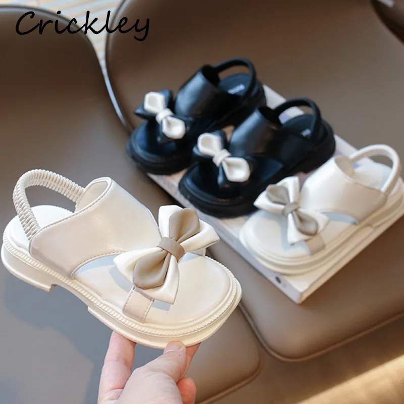 

Cute Bow Girls Sandals Summer PU Leather ELastic Band Flip Flops Shoes For Kids Solid Non Slip Children Fashion Sandals