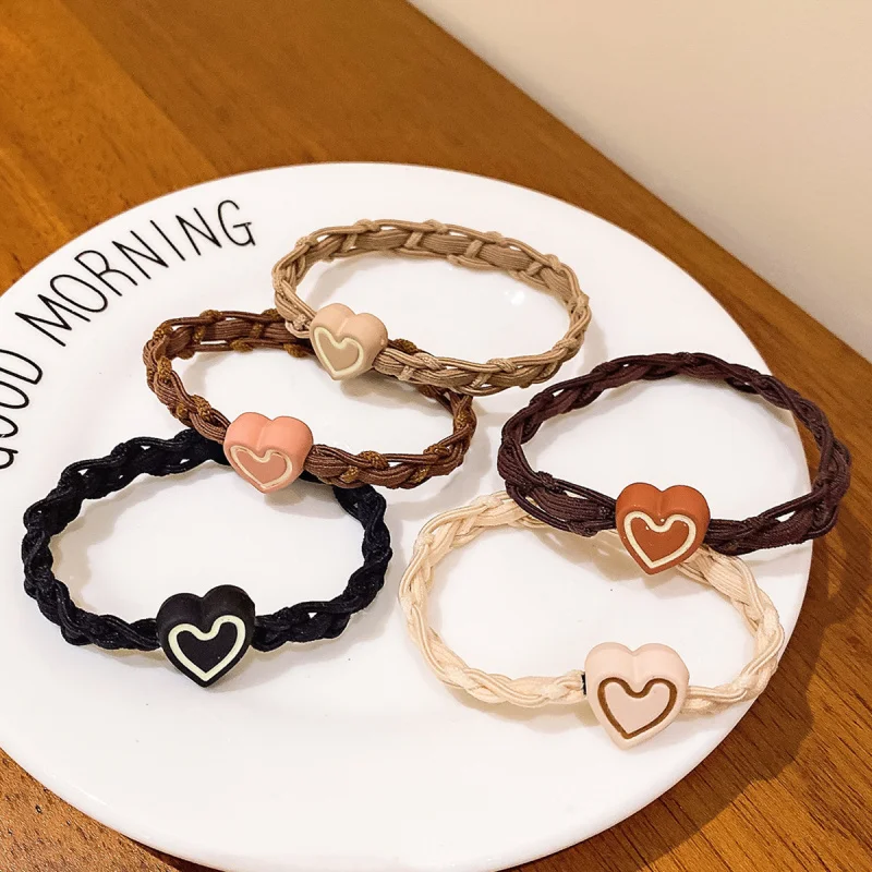 

Korean Style Simple Heart Hair Tie Milk Tea Color Braided Hair Rope High Elasticity Ponytail Hair Band Women Hair Accessories