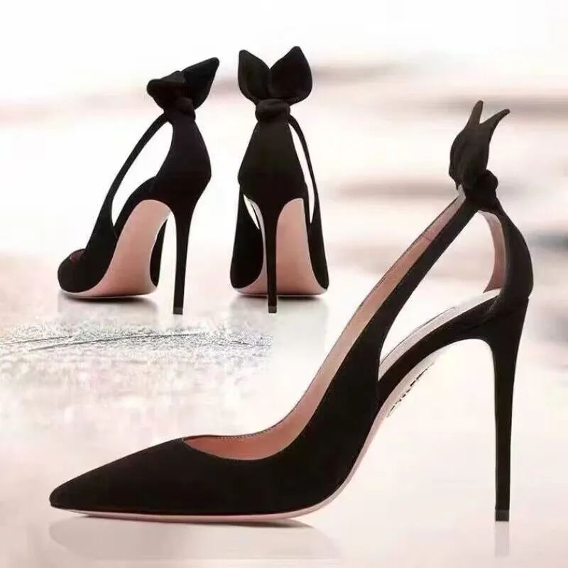 Décolleté da donna Sexy con punta a punta scava fuori le scarpe eleganti da ballo da donna in pelle scamosciata nera con tacchi alti sandali estivi