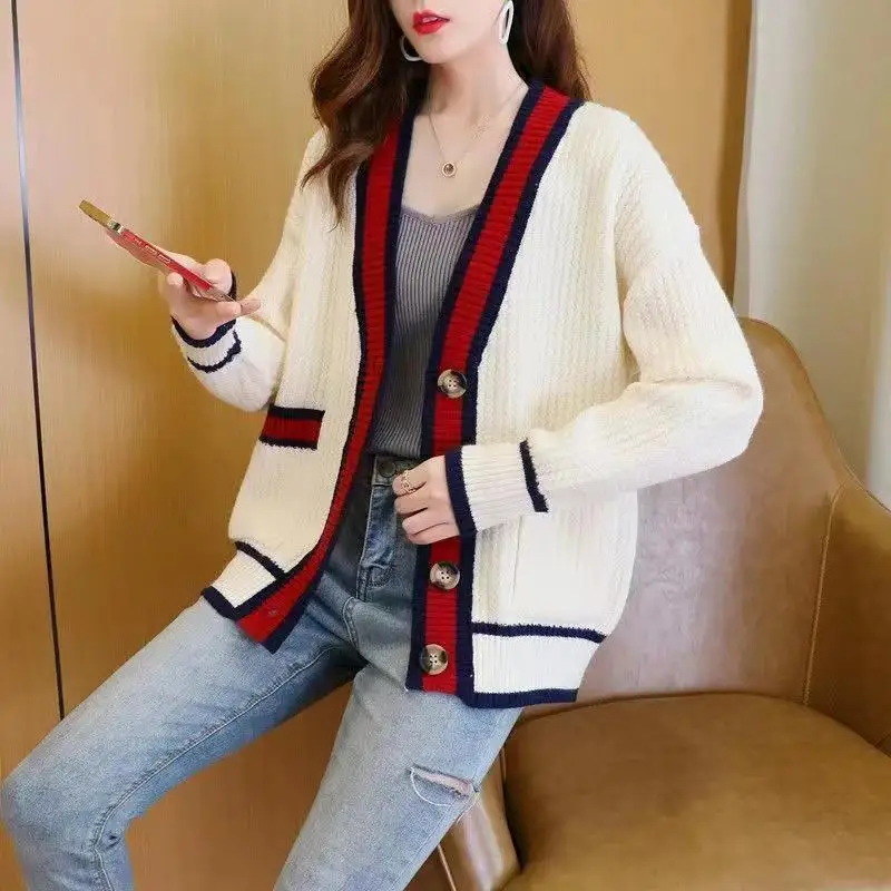 Women\'s Clothing Korean Fashion Contrast Color Chic Button Cardigan Female Casual V Neck Long Sleeve Loose Knitted Sweater Coats