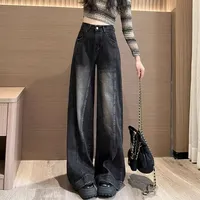 High Waist Wide Leg Jeans Women's Spring Autumn Loose plus Size Black Grey Splicing Straight Floor-Length Trousers Summer