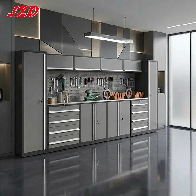 JZD Heavy Duty Modular Garage Cabinet System Industrial Steel Workshop Tool Storage Cabinet Combo OEM Waterproof European Style