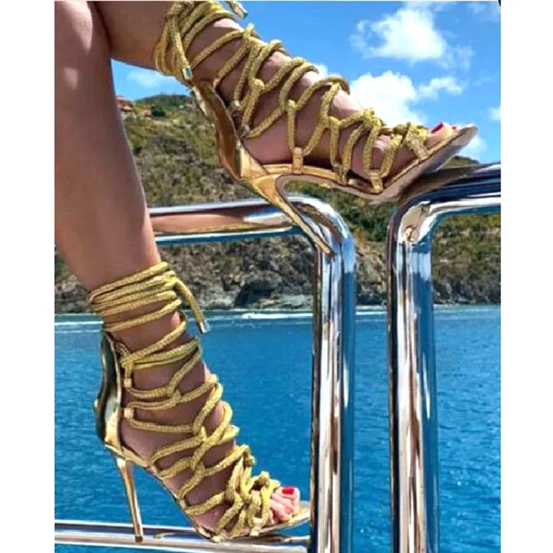 

Hot Summer Braided Rope Lace Strappy Cross tie Sandals Ankle Boots Women Thin High Heels Hollow Out Lace up Bottines Shoes Woman