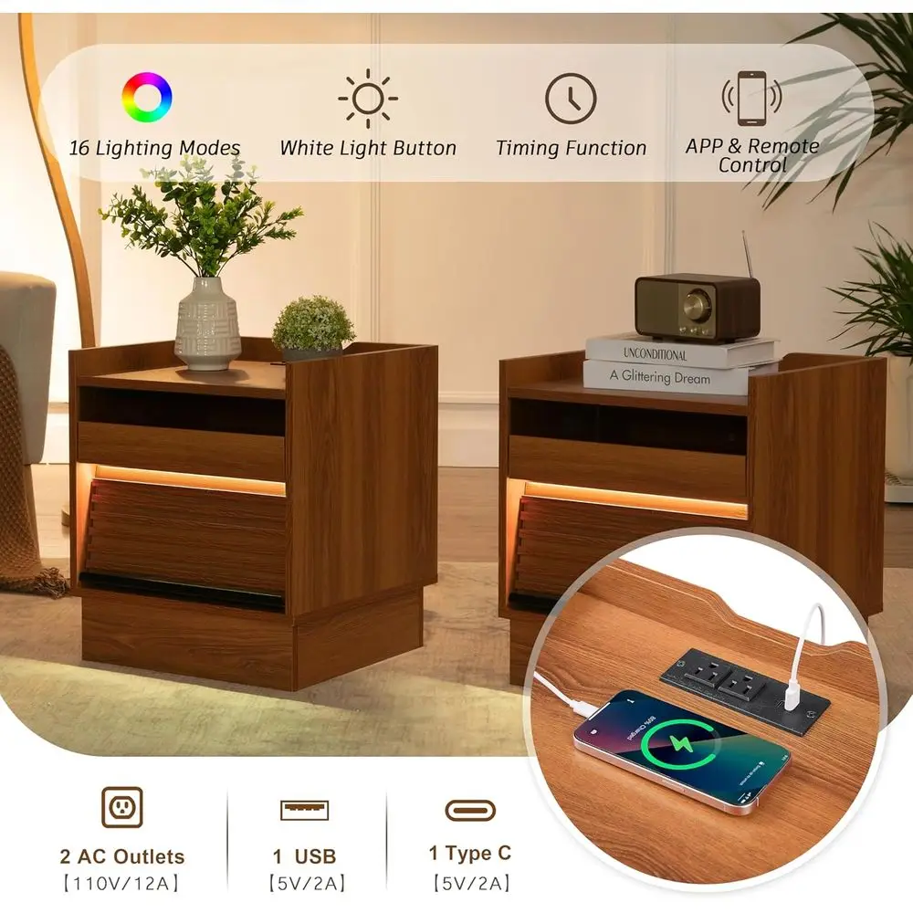 Modern nachtkastje uit het midden van de eeuw met laadstation en 2 lades, houten nachtkastje voor slaapkamer of woonkamer