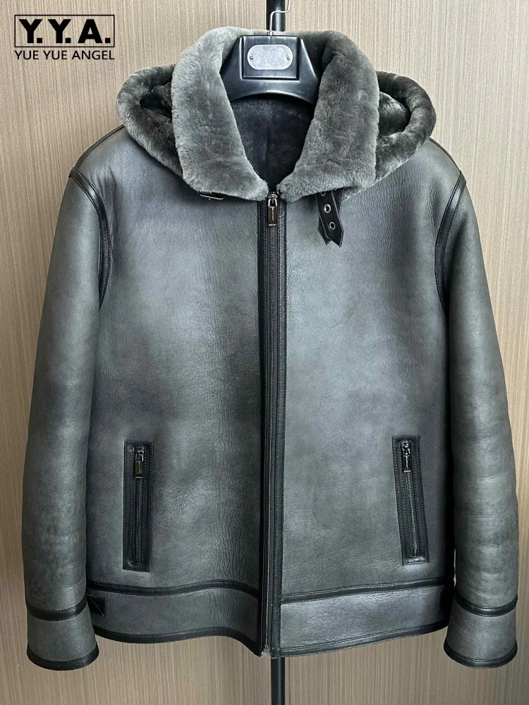 

Winter Mens Thick Warm Hooded Natural Shearling Motorcycle Biker Coat Real Wool Lining Sheepskin Genuine Leather Jacket Overcoat