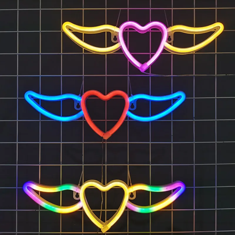 LED Heart Wing Neon Sign Lights For Bedroom Wall Battery USB Night Lamp Birthday Gifts Wedding Home Christmas Party Room Decor