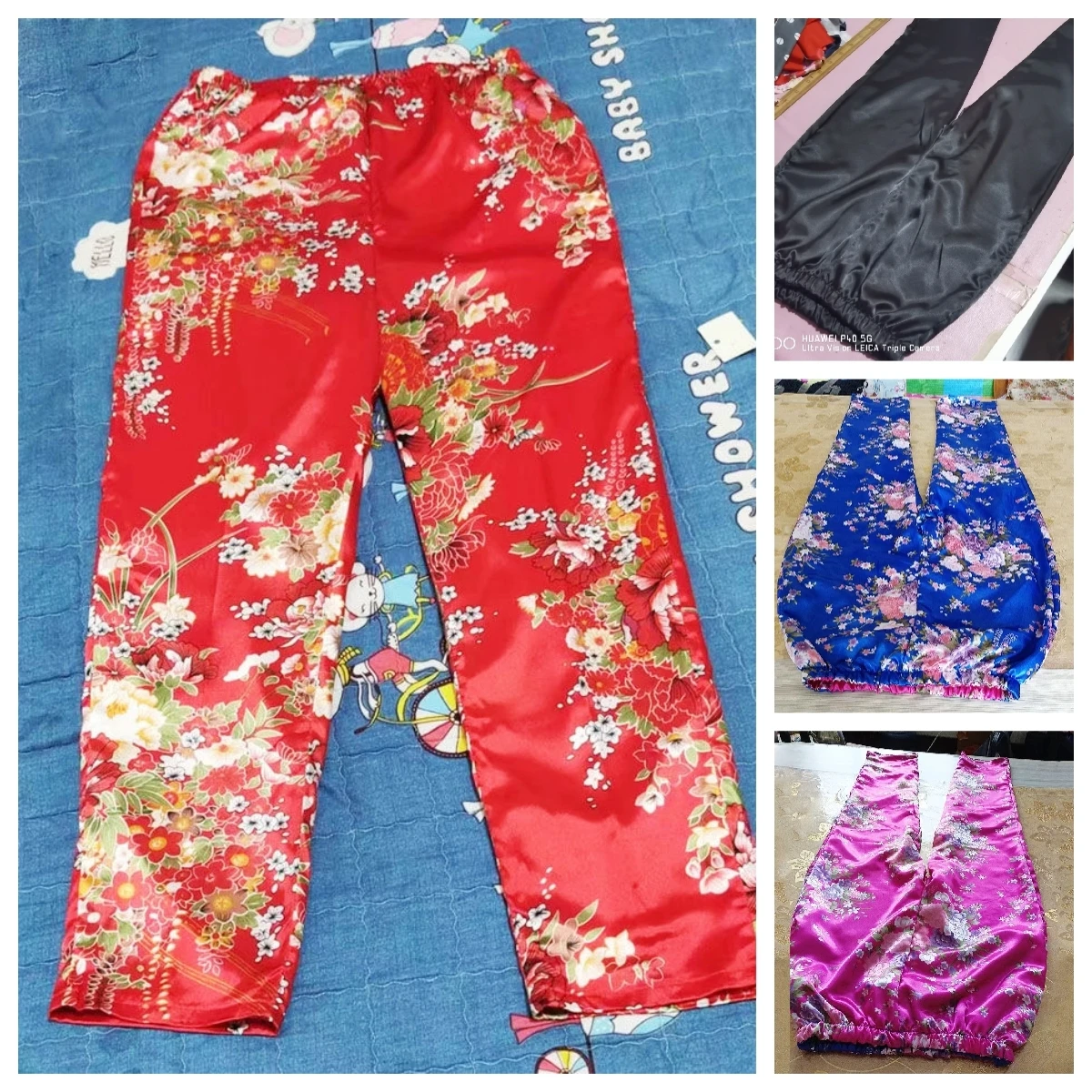 

Floral print glossy satin silk pajamas pants Autumn winter women sleeping plus size trousers