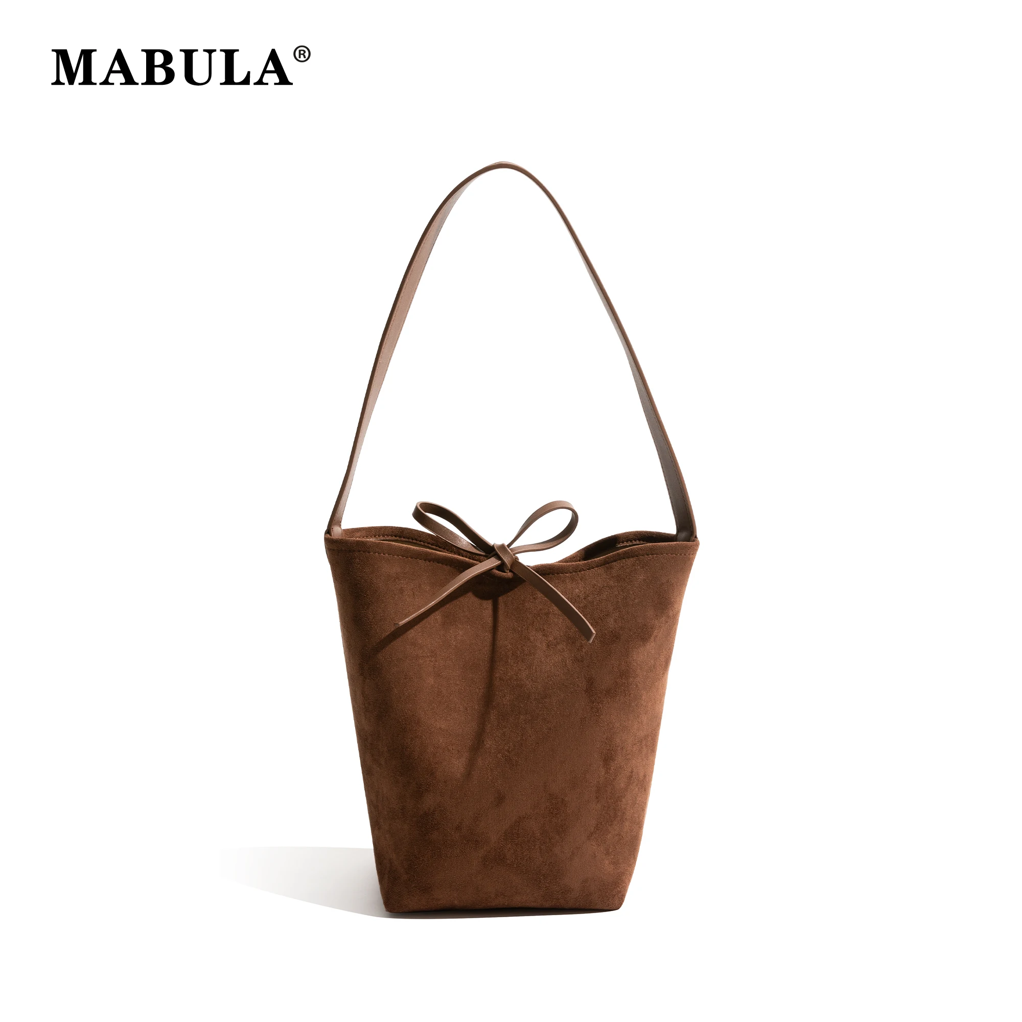 

MABULA Vintage Brown Black Faux Suede Bucket Bag Luxury Design Women's Solid Color Large Capacity Shoulder Purse Shopping Bag