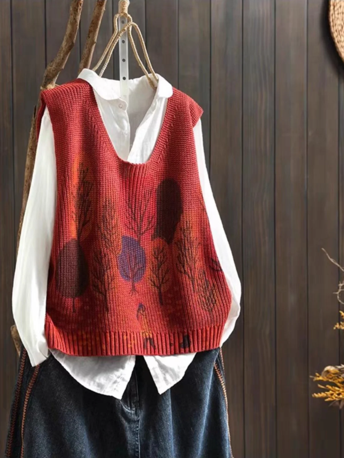 

Loose Knitted Print Vest Women's Overhead Svel Top Trendy V-Ne Casual Comfortable Faionable Plant Floral Design