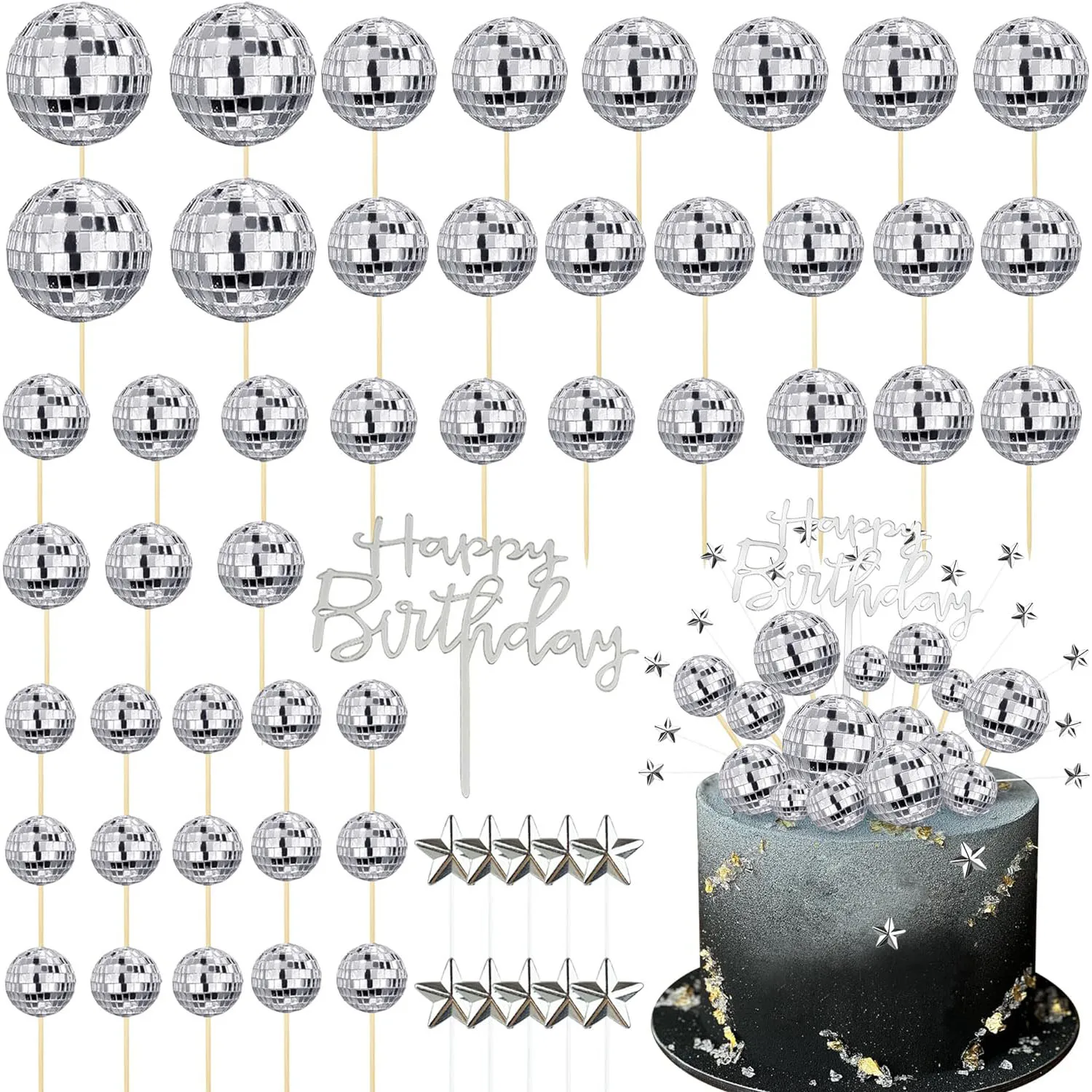 56PCS DIY Disco Ball Cupcake Toppers Acrylic Happy Birthday Cake Topper Star Cake Toppers 70's Disco Cake Centerpiece Decor