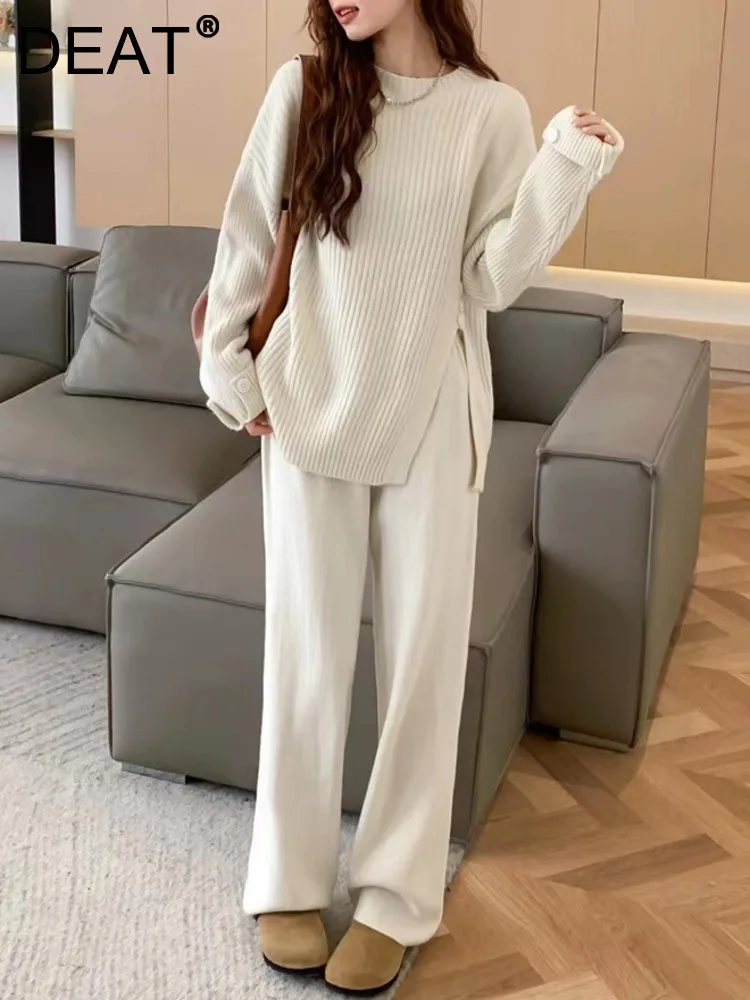 DEAT Sweater 2 Pcs Set Button Side Split Round Neck Top Wide Leg Pants Loose Women's Casual Suit 2024 Autumn New Fashion 15C870