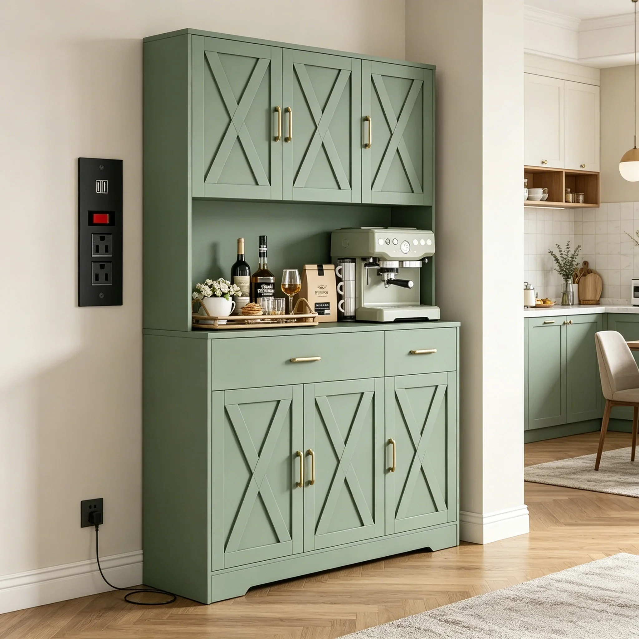 HOSTACK Farmhouse Kitchen Pantry Cabinet 71 Inch Tall Storage Hutch with Charging Station and Microwave Stand