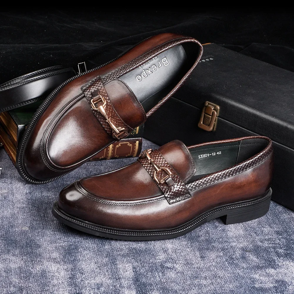 Handmade Men's Casual Leather Shoes New Style Slip-On Low Heel Business Fashion Cowhide First Layer Comfortable Men's Footwear