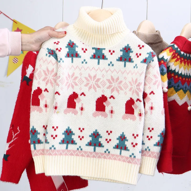 

Boys and Girls Christmas Sweater Long Sleeve Thick Knitted Warm Sweater Shirt High Neck Winter Sweater Clothes