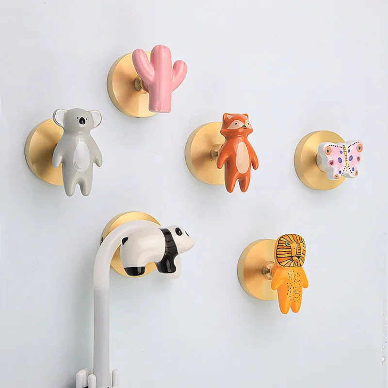 Drilling/No Drilling Ceramic Animal Wall Mounted Hook Towel Hooks Brass Clothes Coat Hanger Key Holder Behind Door Hangers
