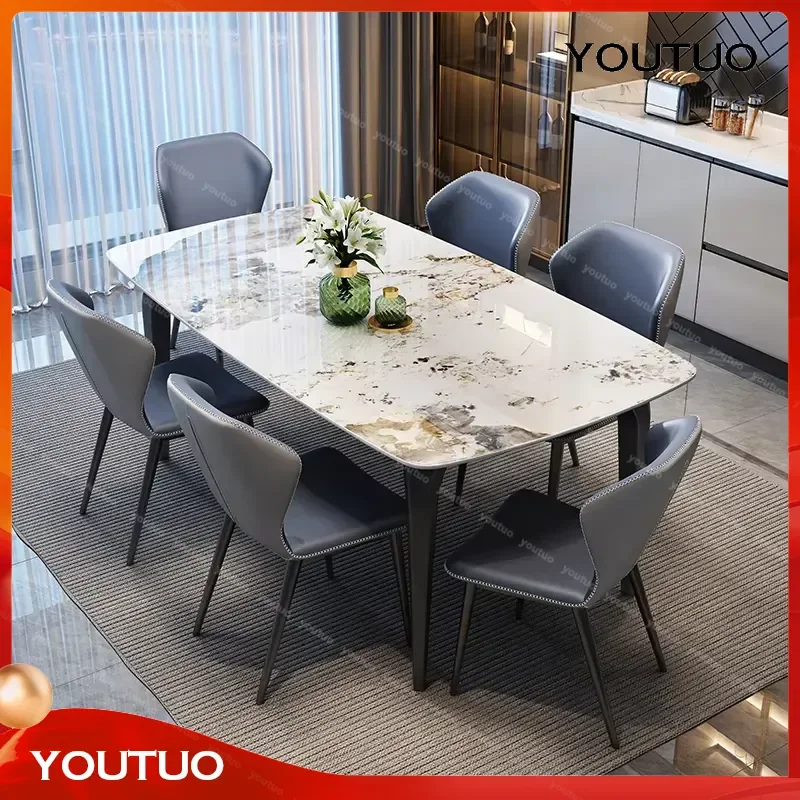 Modern Dining Table Set with 4 6 Chairs Ceramic Slate Top or Sintered Stone Table Metal Frame  Home Restaurant