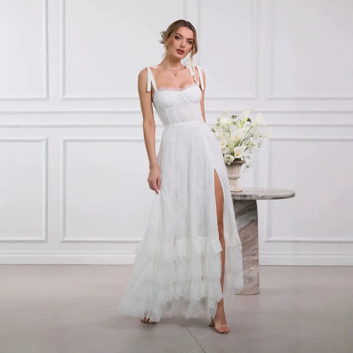 

New White Prom Dress for Women Lace Sweetheart Vestido de Soriee Open Lace Back Tiered High Slit Beach Party Gowns