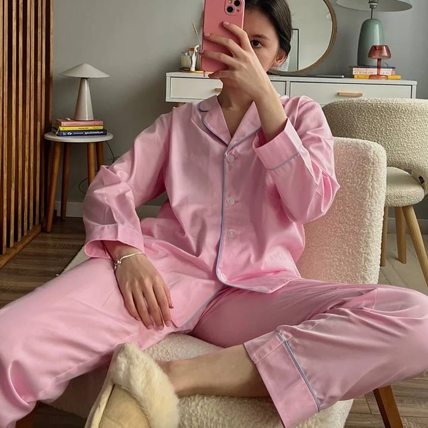 

HiLoc Home Chiffon Pants Suits Pajamas 2025 Casual Button Up Shirts With Loose Trousers 2 Piece Cute Pink Sleepwear Women Autumn