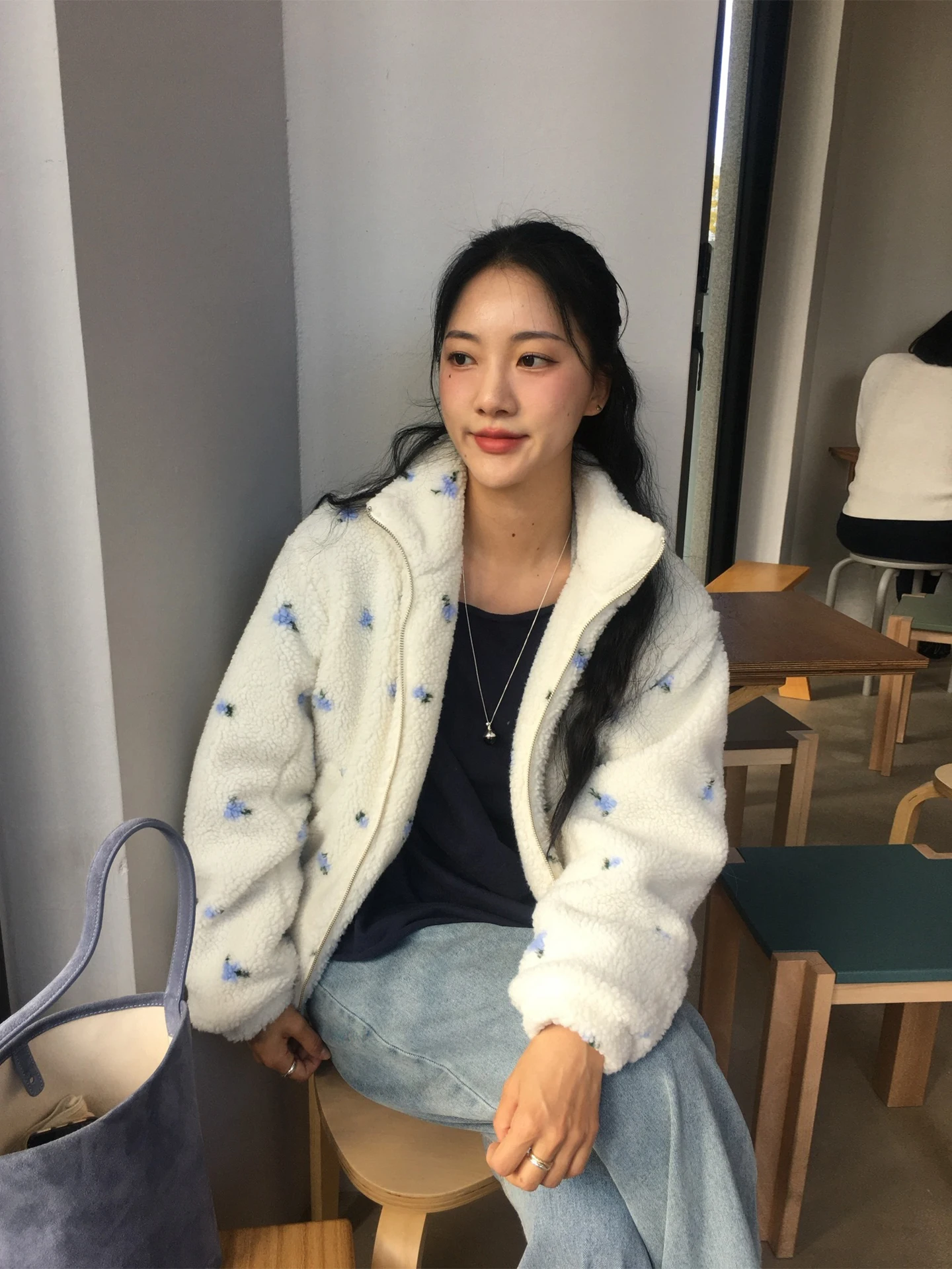 الرجعية Fre الوقوف طوق اللون بلو الأزهار فرو الضأن ort Jaet المرأة شتاء جديد سستة تنوعا القطن معطف تخفيف Sle