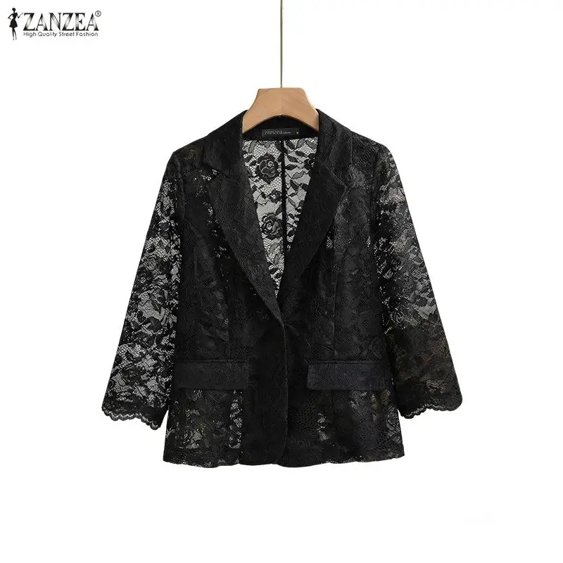 Fashion ZANZEA Lace Blazer Summer Spring 3/4 Sleeve Women Blazer OL Work Tops See-through Blazer Oversize Party Suits