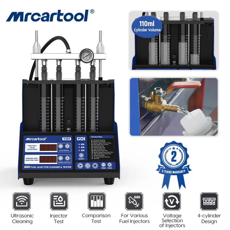 MR CARTOOL V309 4 Cylinders GDI Car Fuel Injector Ultrasonic Cleaning Machine & Tester Gasoline Injector Leakage Checking Tester