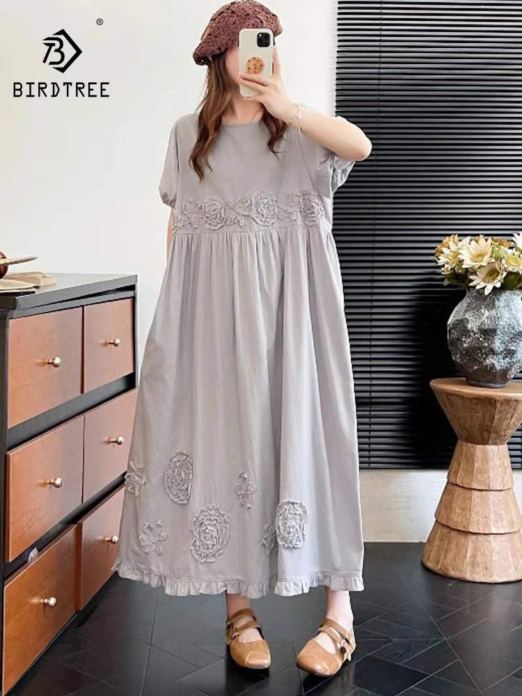 

New 2026 Summer Women Cotton Short Sleeve Dresses, O Neck 3D Floral, Mori Girl Sweet Princess Style Loose A-line Dress D64027CC
