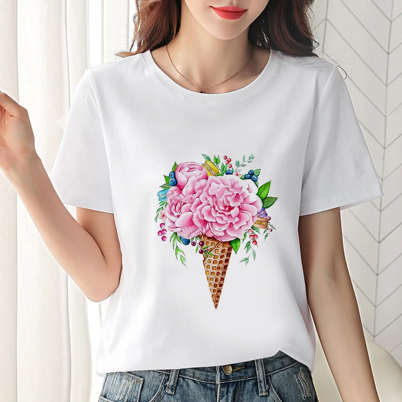 T shirt Women Beautiful flower printed t-shirt Summer Fashion Thin section tshirt female Harajuku aesthetics Tees Tops clothing