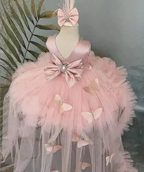 Robe Bouffante Rose avec Traîne pour Petite Fille, Tenue à Fleurs avec Nministériels d Mignon, pour Communion, Anniversaire d'Enfant