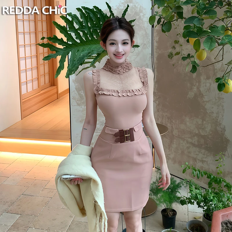 REDDACHiC Women Tank Top Skirt Set Sexy Frilly Lace Hollow Sleeveless Vest Belt Bodycon Mini Skirt Coquette Summer Woman Clothes