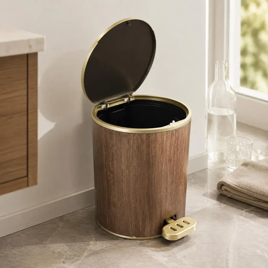Vintage Farmhouse Wood Print Pedal Trash Can, Round Soft‑Close Foot‑Operated Lidded Waste Bin, Hidden Garbage Bag Odor‑Proof Bin for Bathroom and Living Room