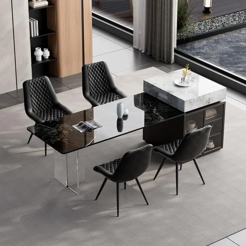 كراسي طعام من جلد البولي يوريثان باللون الأسود مكونة من قطعتين - تصميم مريح مع غرزة ماسية وإطار حديدي