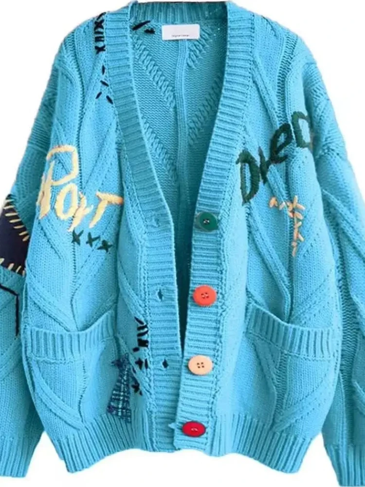 Maglione cardigan da donna con scollo a V in maglia spessa High Street patchwork ricamato invernale Cardigan monopetto per abbigliamento donna