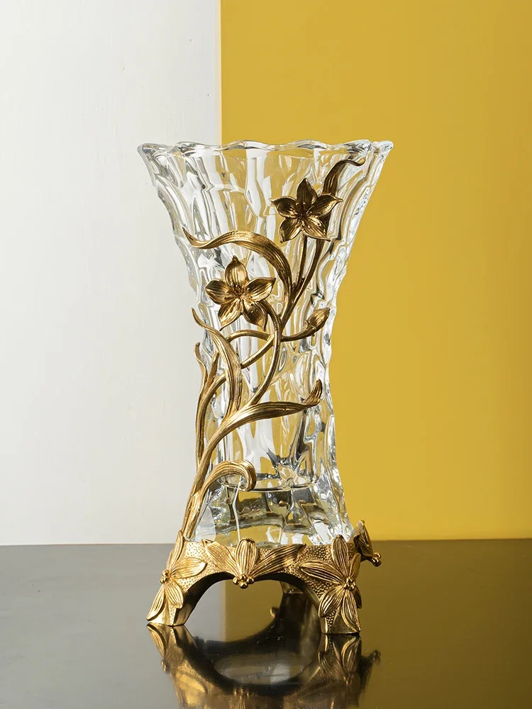 Crystal glass inlaid with copper vase ornaments Living room flower vases Luxury luxury porch furnishings