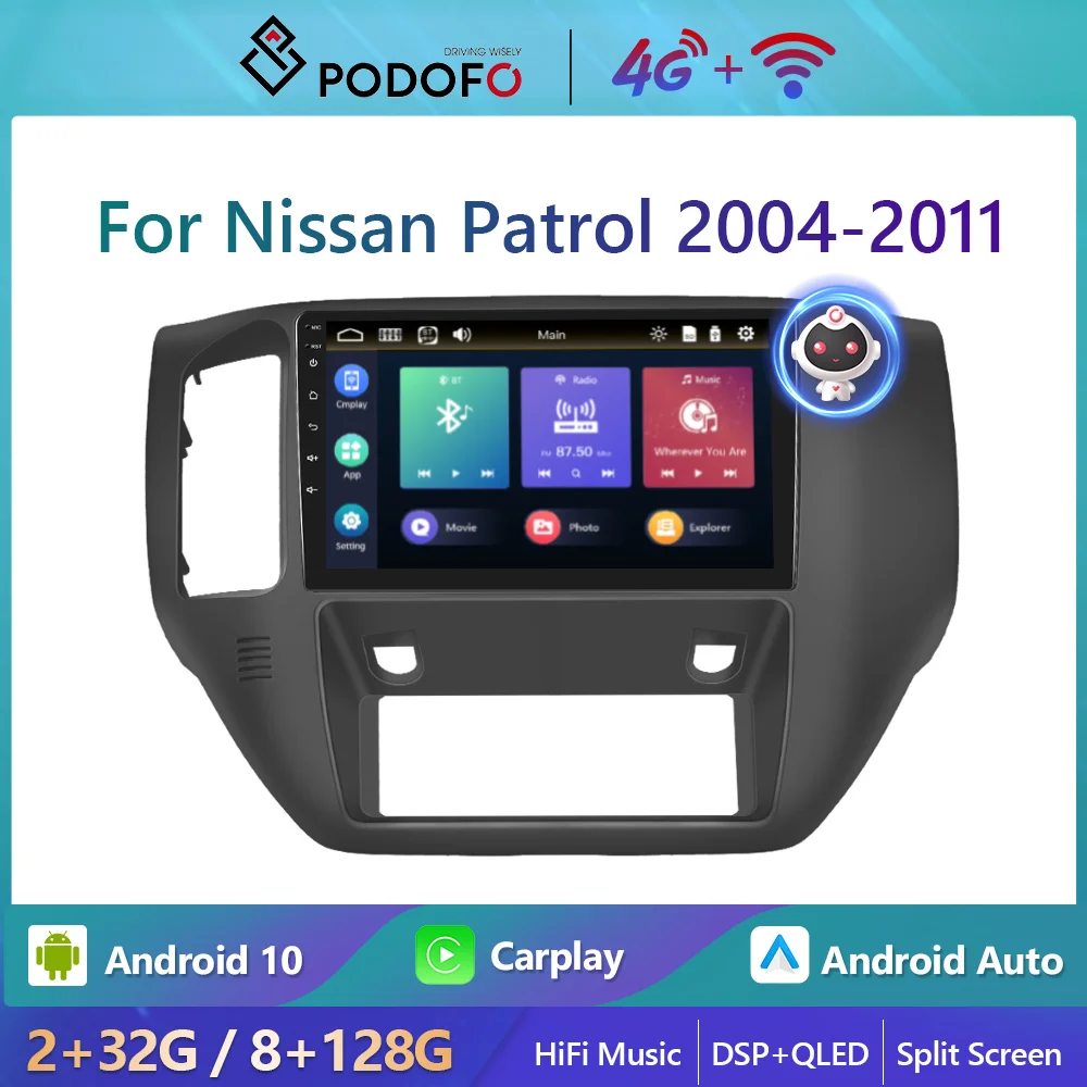 

Podofo Android 8+128G Car Radio For Nissan Patrol 2004-2011 4G WiFi Carplay Autoradio Stereo Player HiFi Music Ai Voice DSP QLED