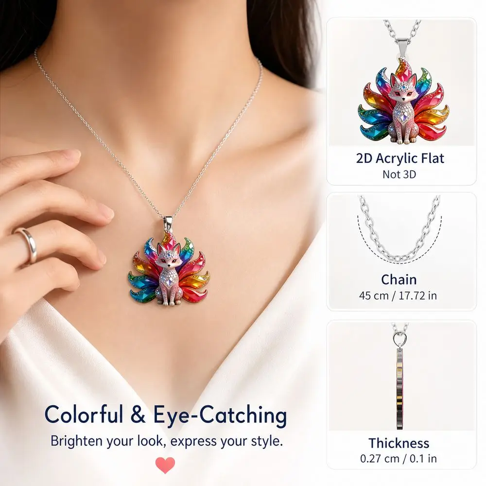 2D Acrylic Nine-Tailed Fox Necklace Chinese Style Lightweight Animal Pendant Necklace Colourful Shining Women Jewelry