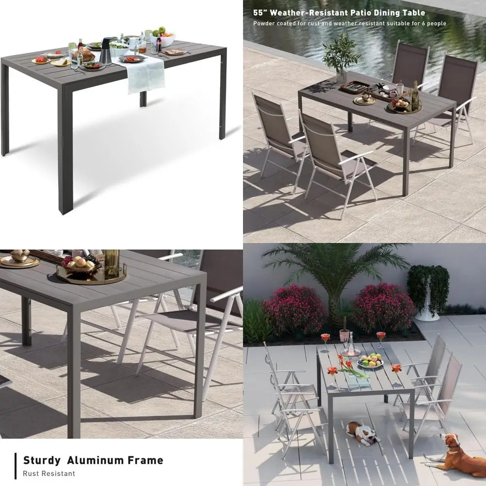 Weatherproof 55 Patio Dining Table for Six with Wood-Grain Top and Durable Aluminum Frame