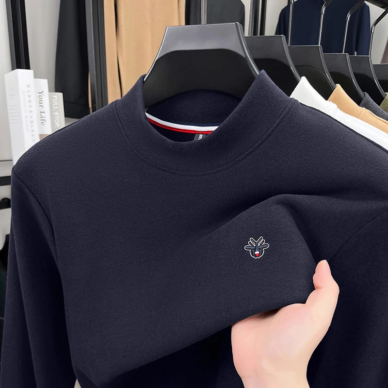 

High-End Brand Men's Velvet Fleece T-Shirt Mock Neck Embroidery Autumn Long Sleeves Base Layer Base Layer Leisure Exquisite Tops