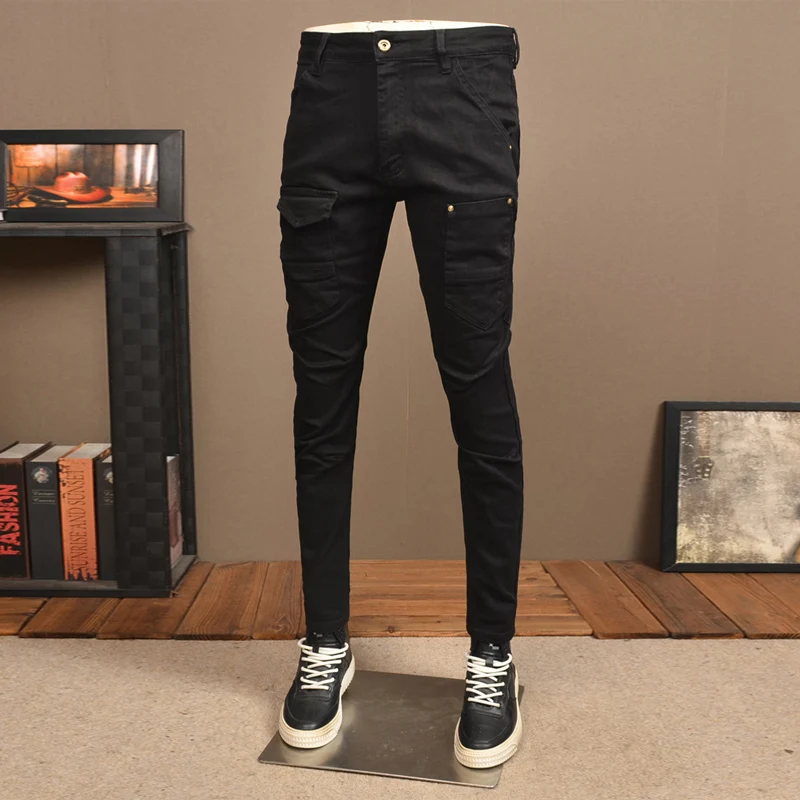 Celana Jeans pria mode jalan hitam melar Skinny Fit disambung desainer celana Jeans pengendara sepeda pria celana pensil Denim Hip Hop tambalan pria Hombre