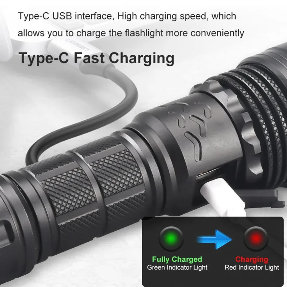 High Power LED Flashlight USB Rechargeable Waterproof Strong Light Lantern Long Range Zoom Torch Outdoor Camping Lamp Emergency