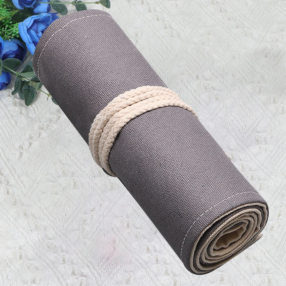 

1Pcs Premium Canvas Pencil Case Roll Up Organizer 48 Holes Grey Compact Travel Pencil Holder Wrap for Sketching Drawing Supplies